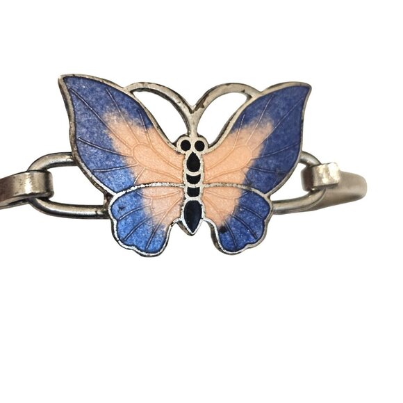 Vintage Silver Tone Pink & Purple Enamel Butterfly Cuff Latch 7" Bracelet - Picture 2 of 3